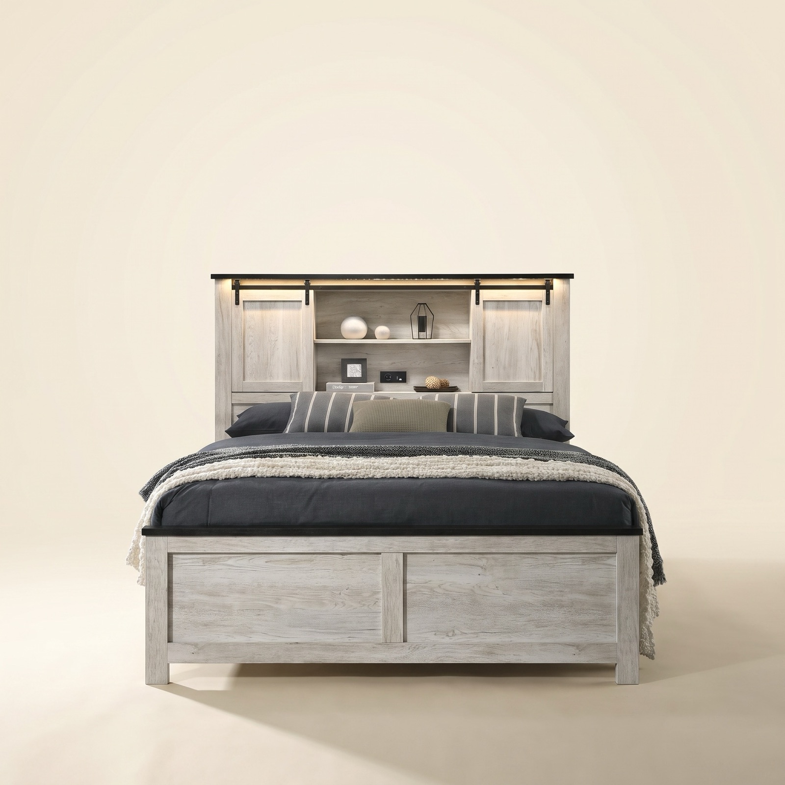Heritage King Bed with LED Headboard - White Wash