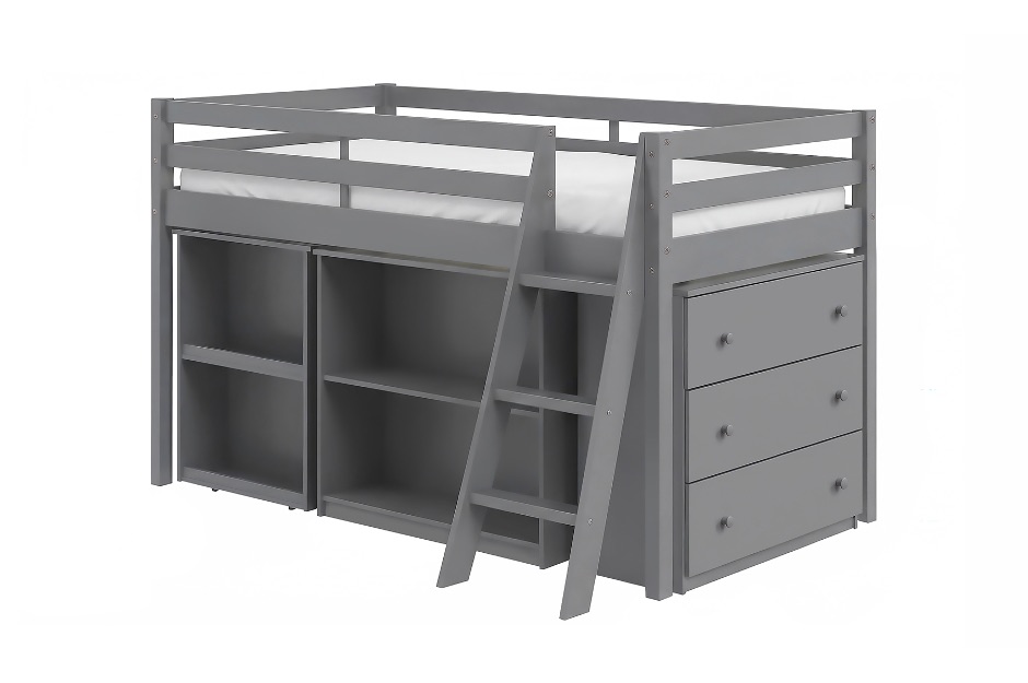 Roxy Twin Low Loft Bed with Desk, Bookcase & Storage, Grey