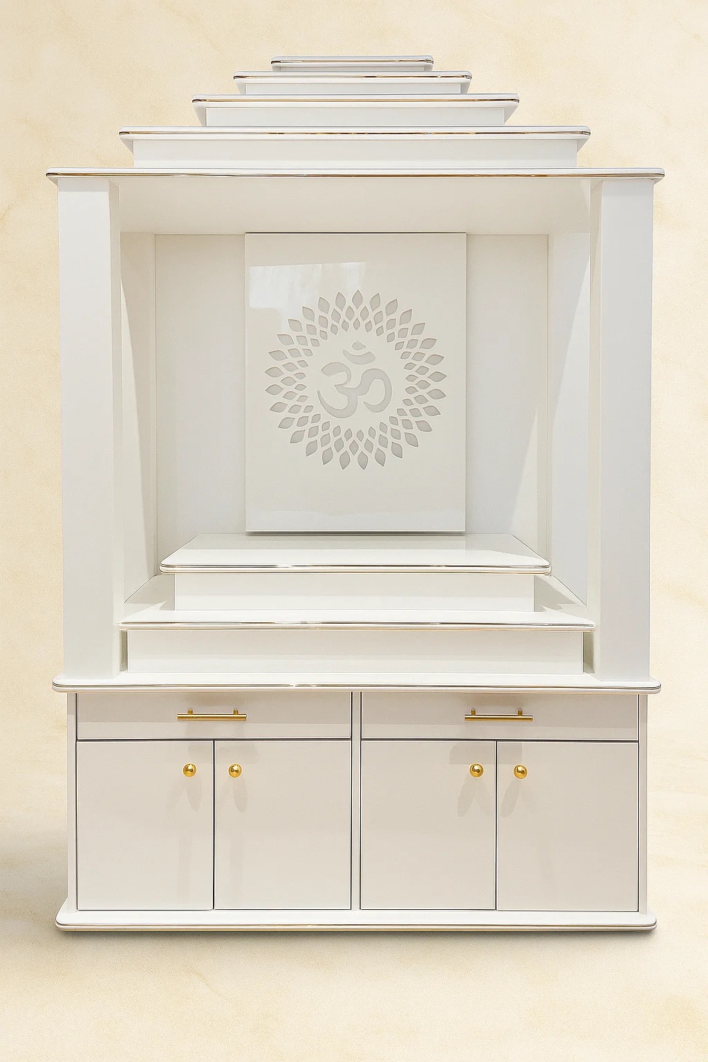 Temple Mandir with Storage, White and Gold