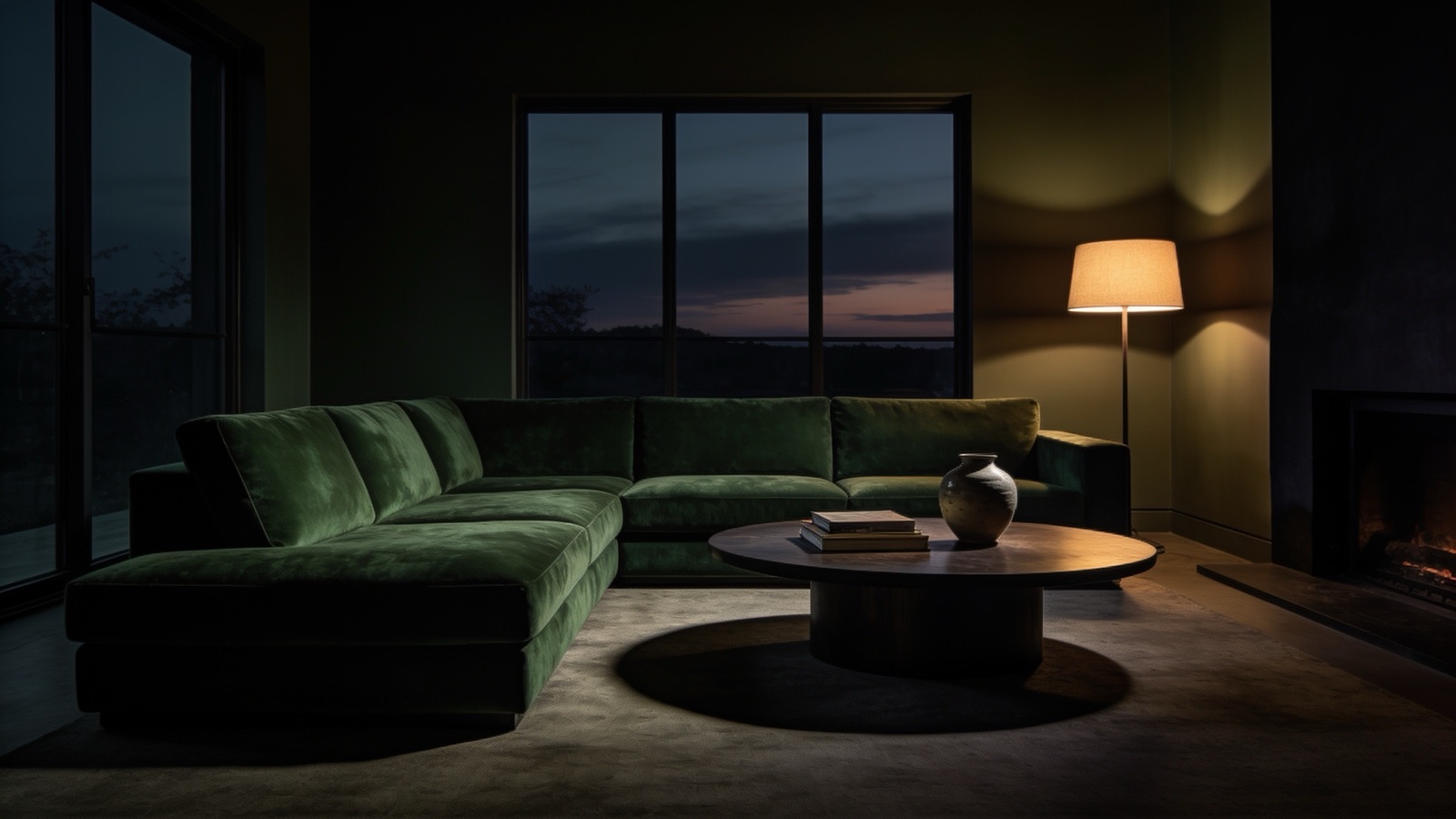 A moody living room with a deep green sectional at dusk